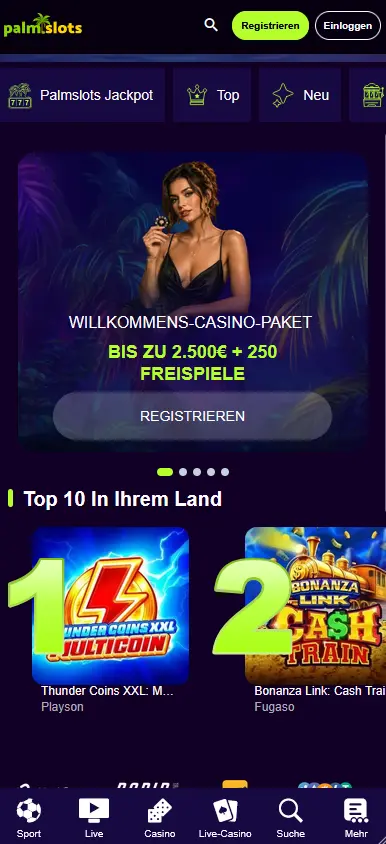 Mobile Ansicht der Palmslots-Plattform auf dem Smartphone
