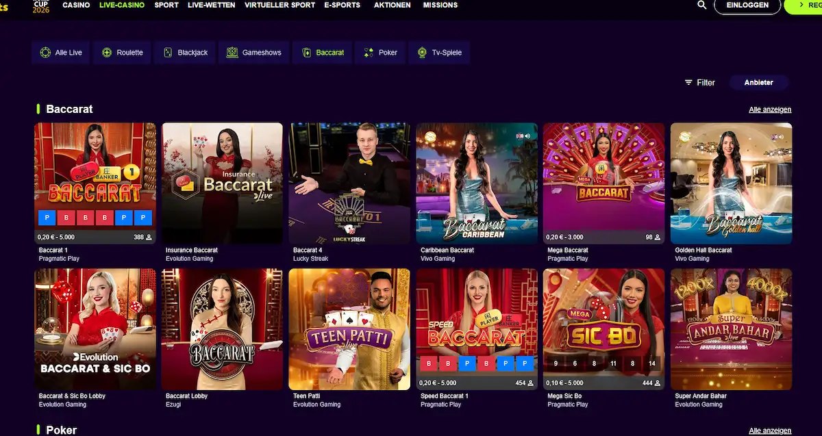 Live-Baccarat-Tisch im Palmslots Casino