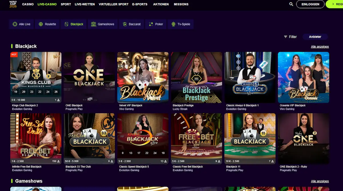 Live-Blackjack-Tisch im Palmslots Casino