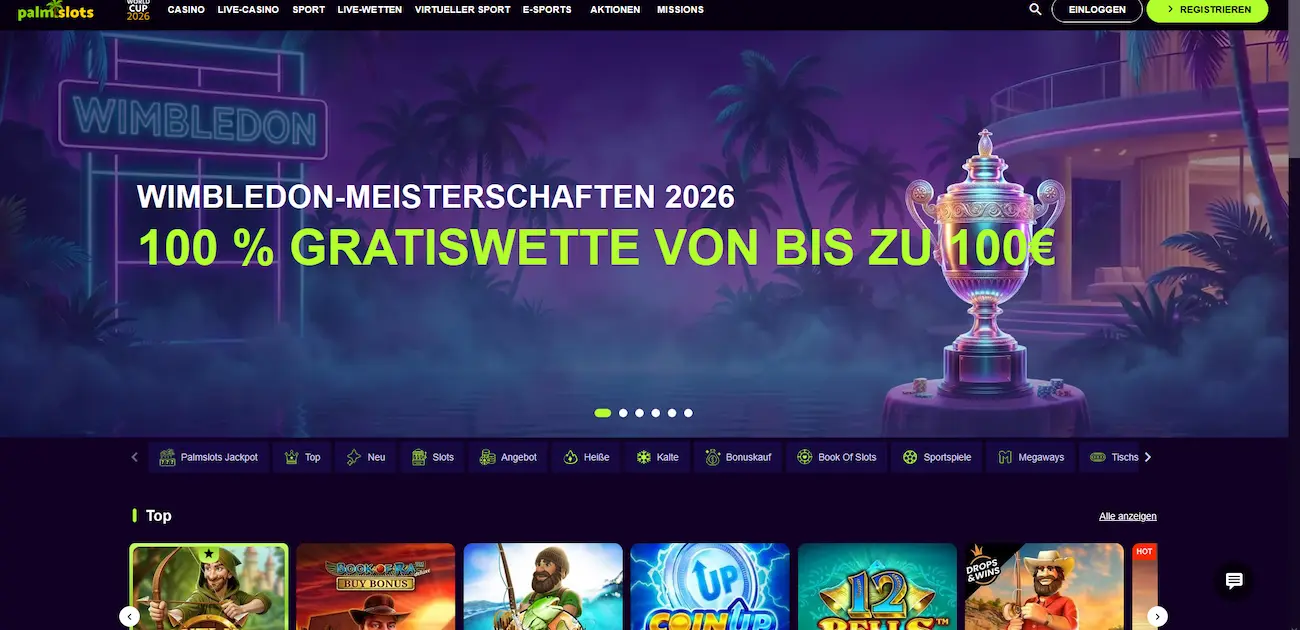 Startseite des Palmslots Casino mit Spielübersicht