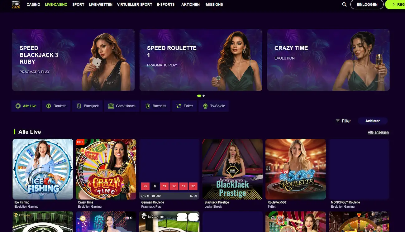 Live-Casino-Bereich von Palmslots mit Tischübersicht