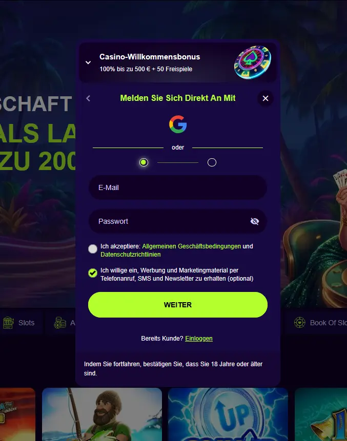 Registrierungsformular des Palmslots Casino