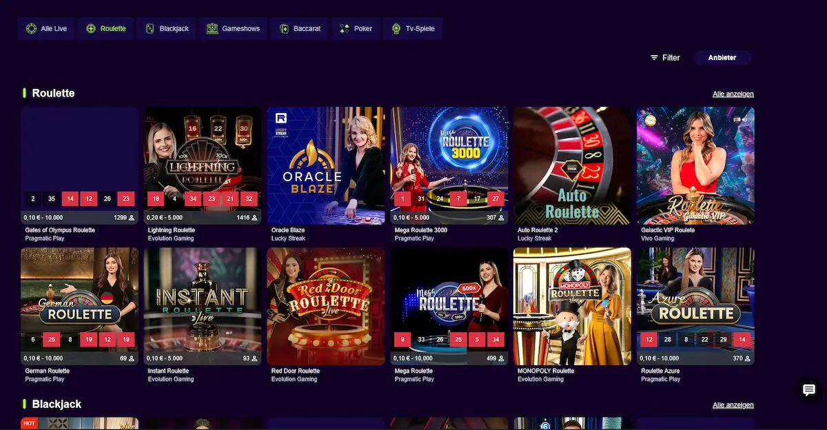 Live-Roulette-Tisch im Palmslots Casino