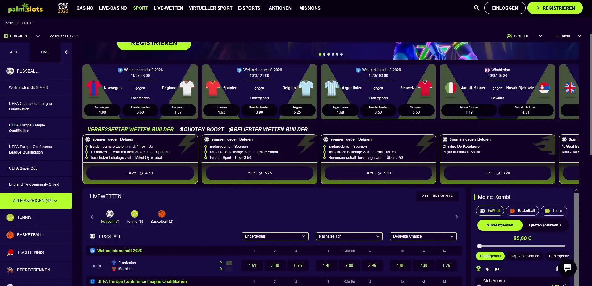 Sportwetten-Bereich im Palmslots Casino